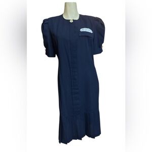 Vintage Leslie Fay Navy Half Button Pleated Midi Dress Women’s size 12